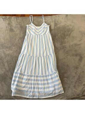 LC Lauren Conrad Blue White Midi Dress Women's MEDIUM 100% Cotton Pockets